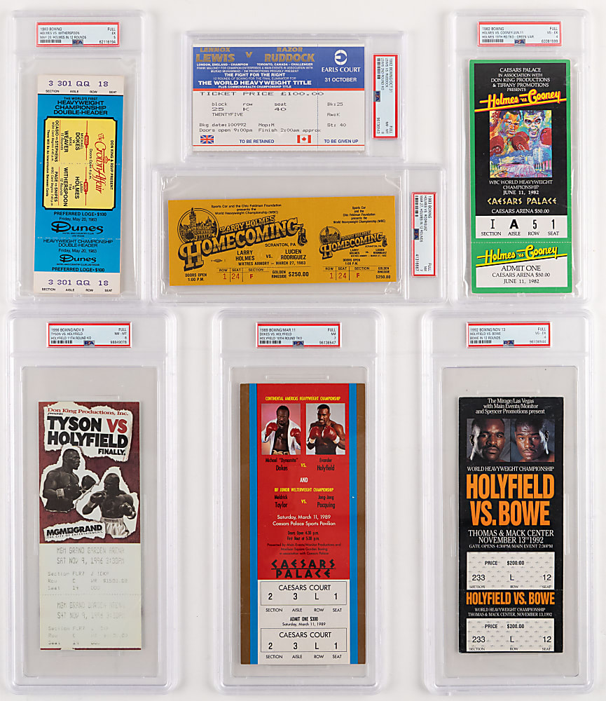 1982-1996 Heavyweight Boxing PSA Graded Full Tickets (6) with Evander Holyfield vs. Mike Tyson PSA NM-MT 8