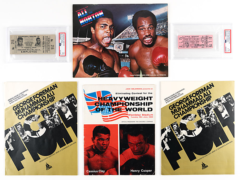 1963-1976 Muhammad Ali Boxing Program/Ticket Collection (6) with (2) PSA Graded Full Tickets Including Second Liston Fight