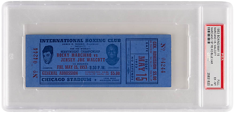 May 15, 1953 Chicago Stadium Jersey Joe Walcott vs. Rocky Marciano Full Ticket PSA EX-MT 6