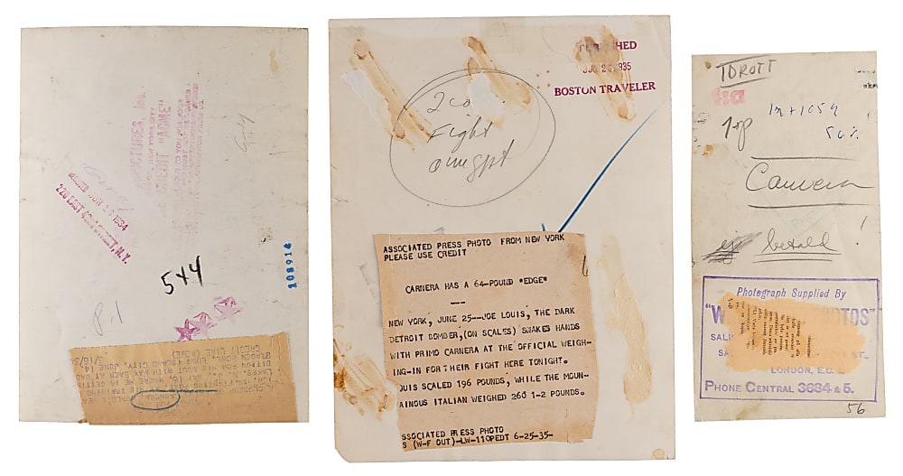 1930s Primo Carnera Original Type I Photo Group (3) with Joe Louis - All PSA/DNA Full LOA