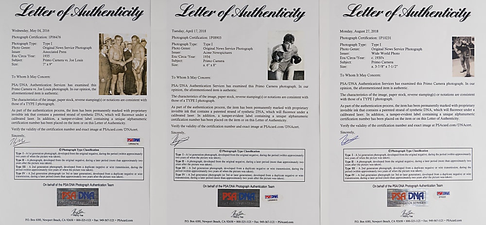 1930s Primo Carnera Original Type I Photo Group (3) with Joe Louis - All PSA/DNA Full LOA
