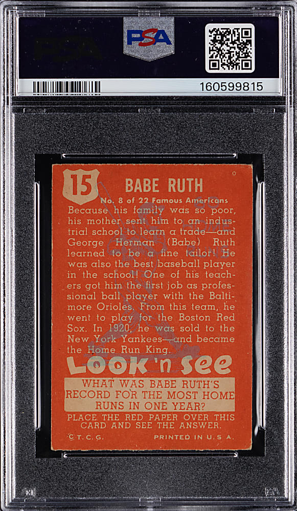 1952 Topps Look 'N' See #15 Babe Ruth PSA VG-EX 4