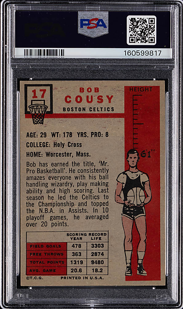 1957-1958 Topps Basketball #17 Bob Cousy Rookie PSA EX-MT 6