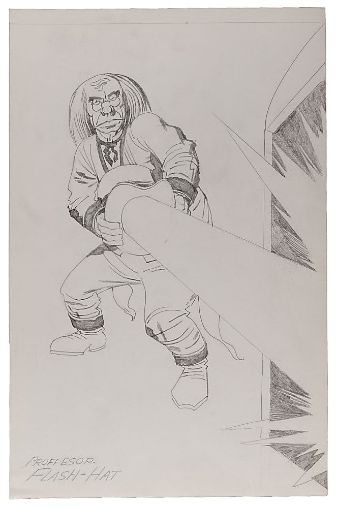 1980s Jack Kirby Professor Flash-Hat Character Concept Sketch from the Ruby-Spears Archive