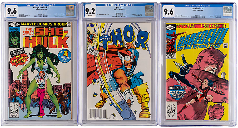 1980-1983 CGC Graded Marvel Comics (3) with Savage She-Hulk #1 9.6, Thor #337 9.2 & Daredevil #181 9.6