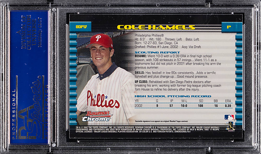 2002 Bowman Chrome Draft Picks #17 Cole Hamels Rookie PSA GEM MINT 10