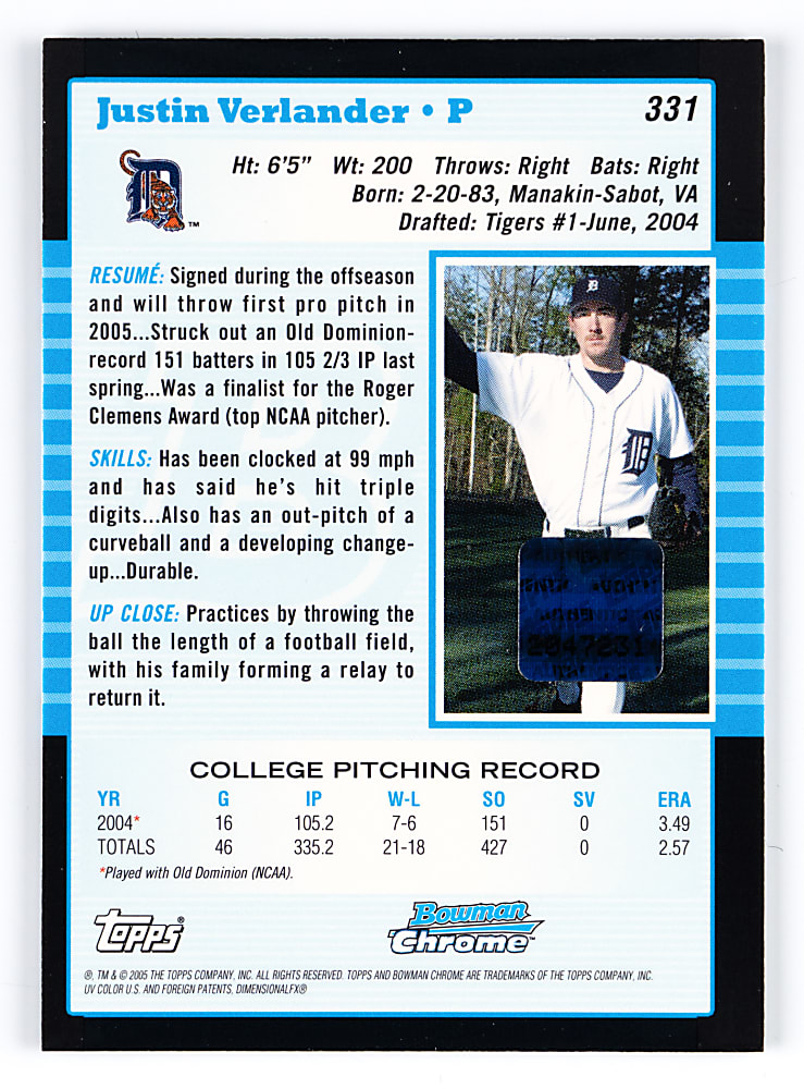 2005 Bowman Chrome #331 Justin Verlander Autograph Rookie