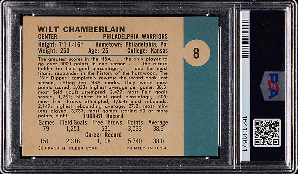 1961-1962 Fleer Basketball #8 Wilt Chamberlain Rookie PSA NM 7