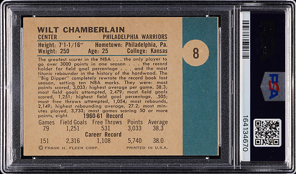 1961-1962 Fleer Basketball #8 Wilt Chamberlain Rookie PSA EX 5