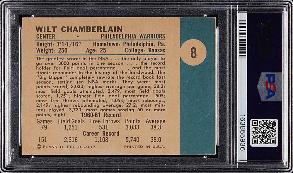 1961-1962 Fleer Basketball #8 Wilt Chamberlain Rookie PSA GOOD 2