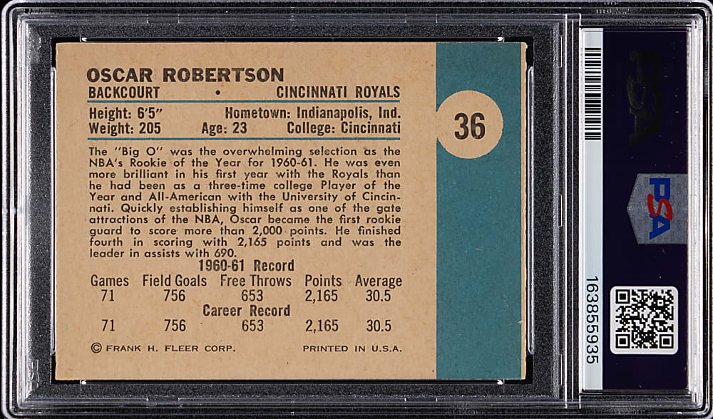 1961-1962 Fleer Basketball #36 Oscar Robertson Rookie PSA EX-MT 6