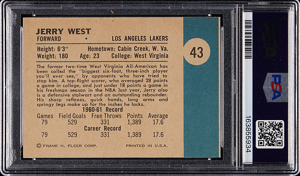 1961-1962 Fleer Basketball #43 Jerry West Rookie PSA EX-MT 6