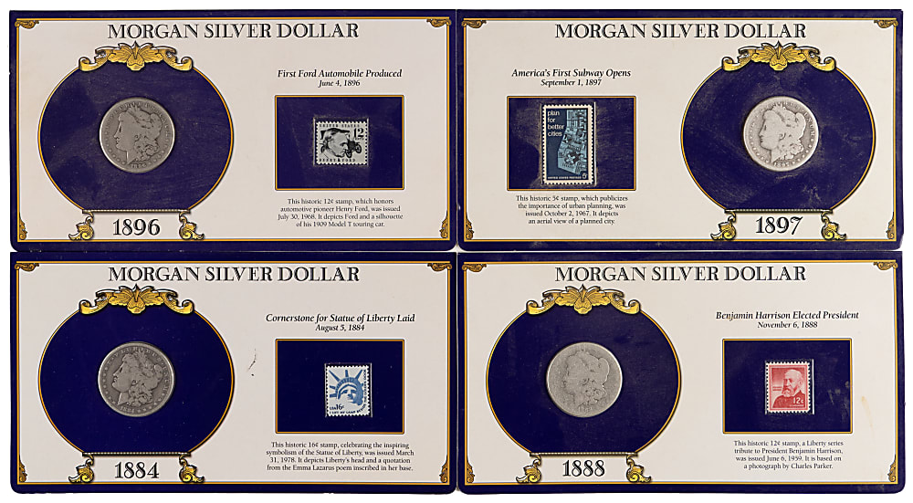 1881-1901 Morgan Silver Dollars (13) with Coin Keychain & (4) Carded with Postage Stamps