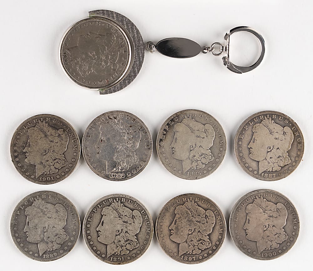 1881-1901 Morgan Silver Dollars (13) with Coin Keychain & (4) Carded with Postage Stamps