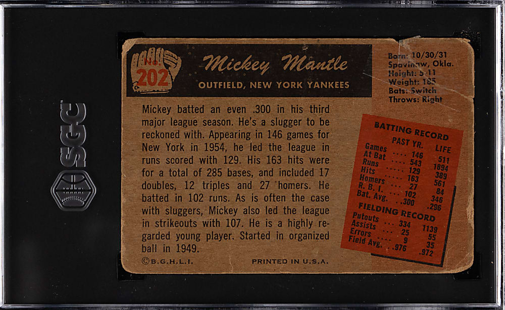 1955 Bowman #202 Mickey Mantle SGC Authentic-Altered
