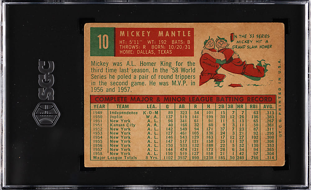 1959 Topps #10 Mickey Mantle SGC VG 3