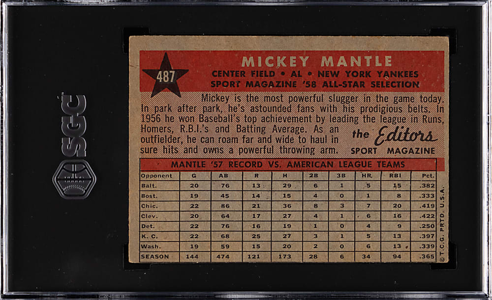 1958 Topps #487 Mickey Mantle All-Star SGC VG 3