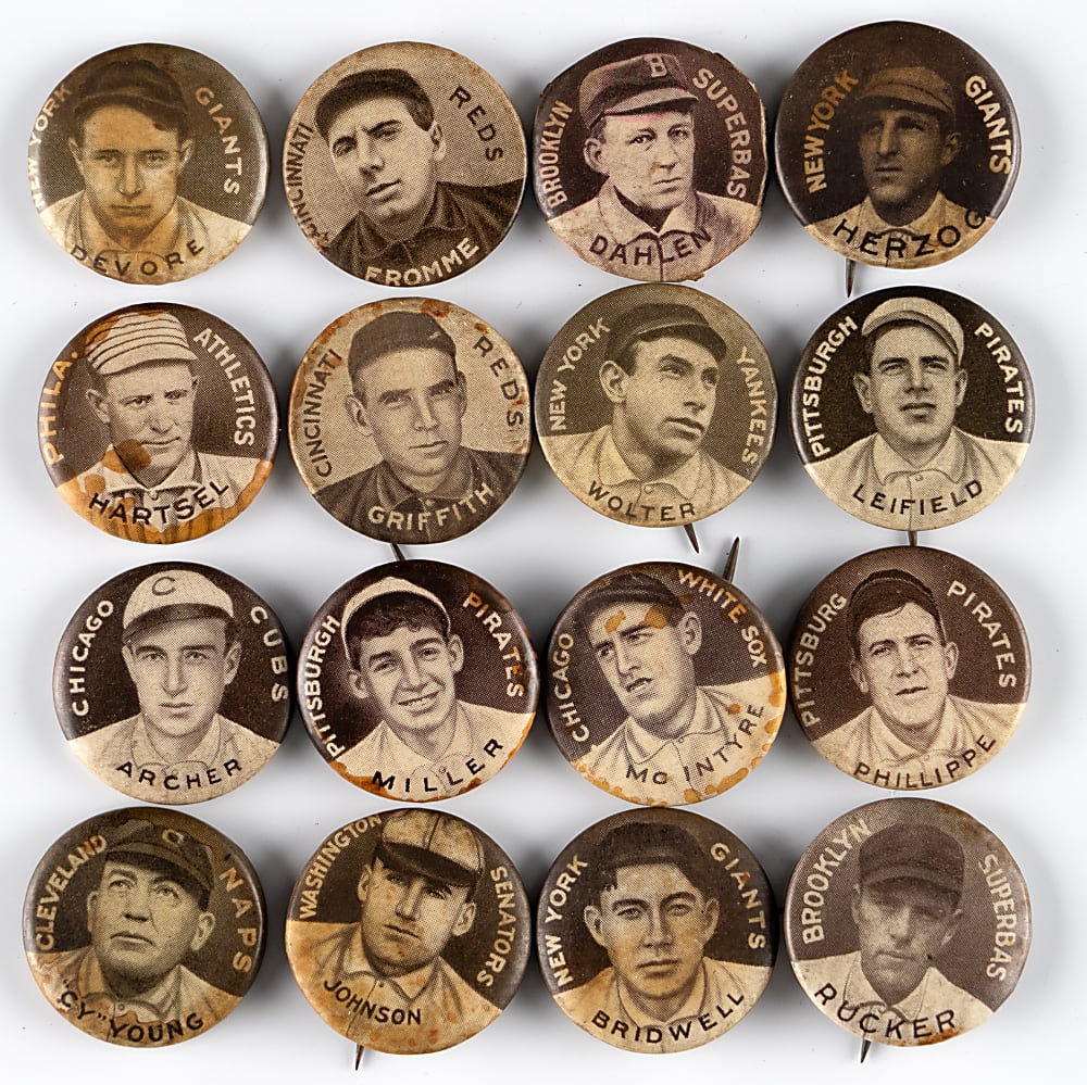 1910-1912 P2 Sweet Caporal Pins Collection (16) with (3) Hall of Famers Including Walter Johnson & Cy Young