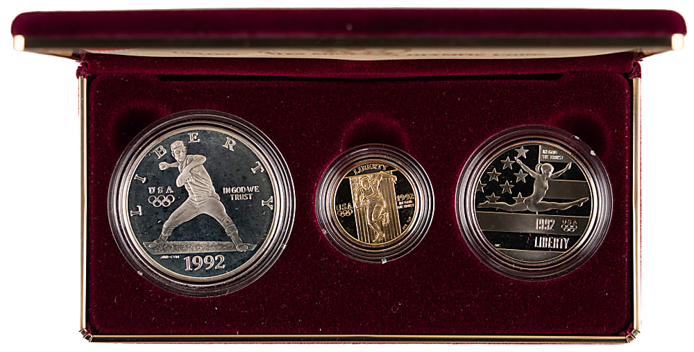 1992 U.S. Mint Olympic Coin Proof Set (3) with $5 Gold Coin in Presentation Case