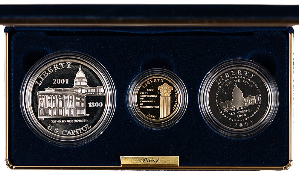 2001 U.S. Capitol Visitor Center Commemorative Proof Coin Set (3) with $5 Gold Coin in Presentation Case.