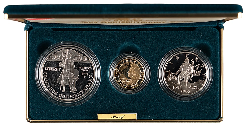 1992 Columbus Quincentenary Commemorative Coin Proof Set (3) with $5 Gold Coin in Presentation Case