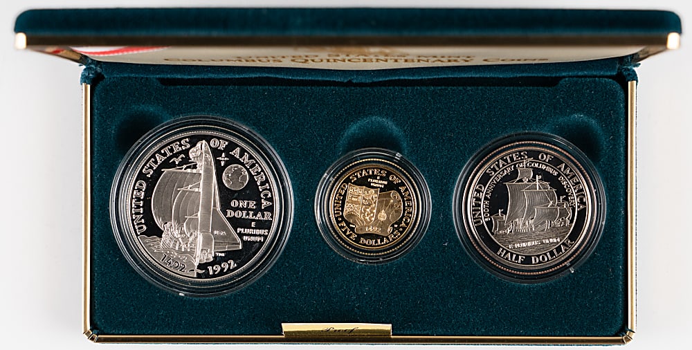 1992 Columbus Quincentenary Commemorative Coin Proof Set (3) with $5 Gold Coin in Presentation Case