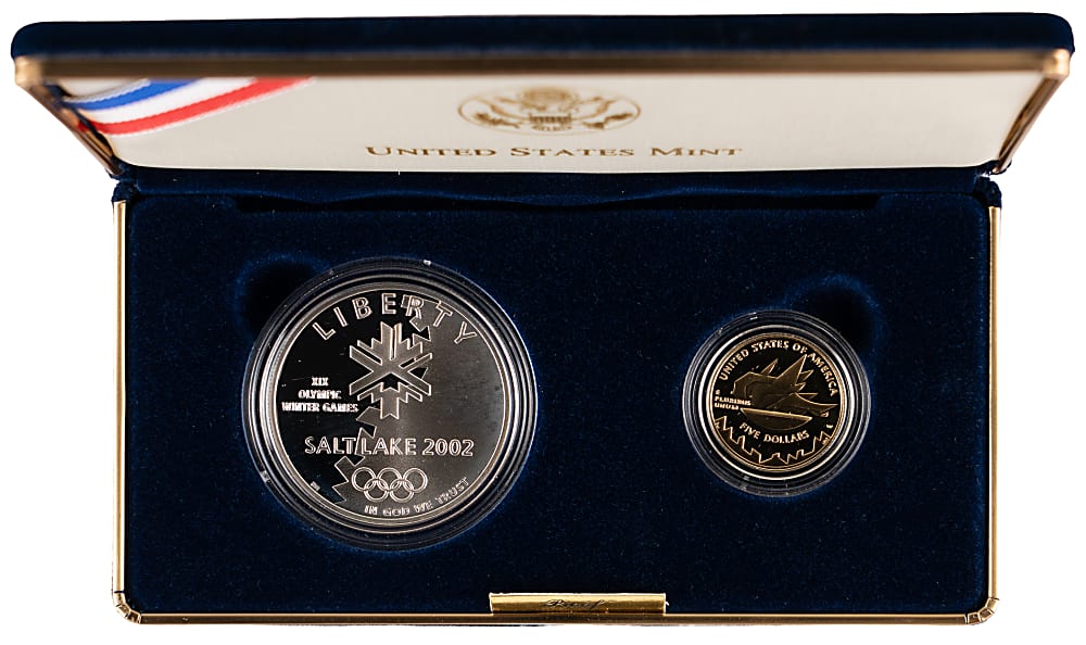2002 Olympic Winter Games Commemorative Proof Coin Set (2) with $5 Gold Coin in Presentation case