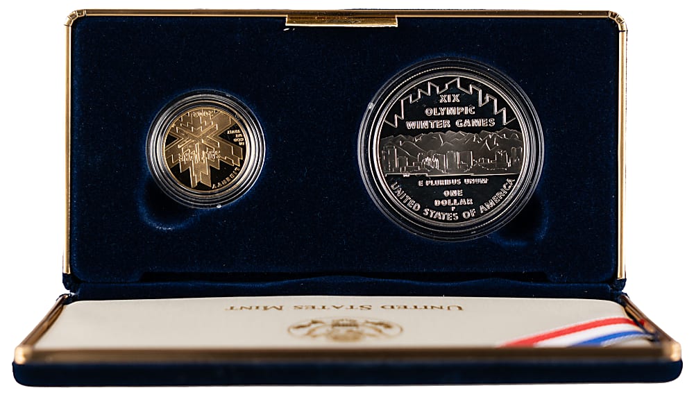 2002 Olympic Winter Games Commemorative Proof Coin Set (2) with $5 Gold Coin in Presentation case