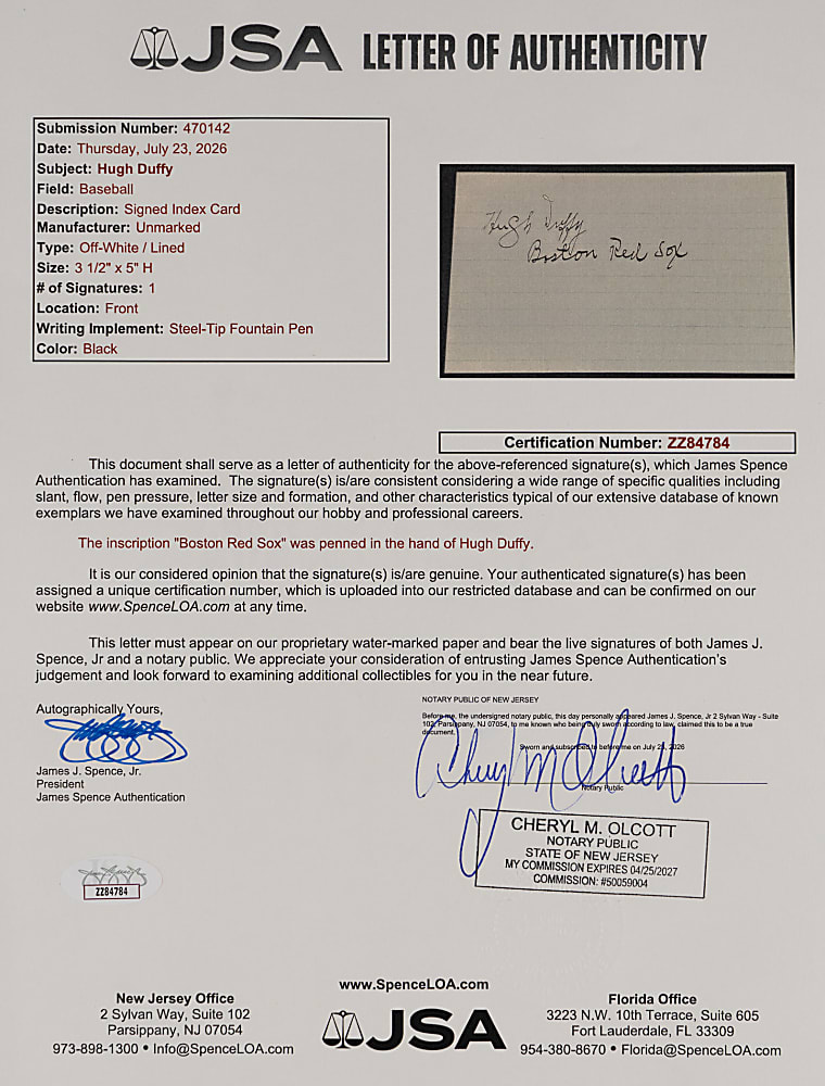Hugh Duffy Signed Index Card with Boston Red Sox Inscription - Full JSA LOA