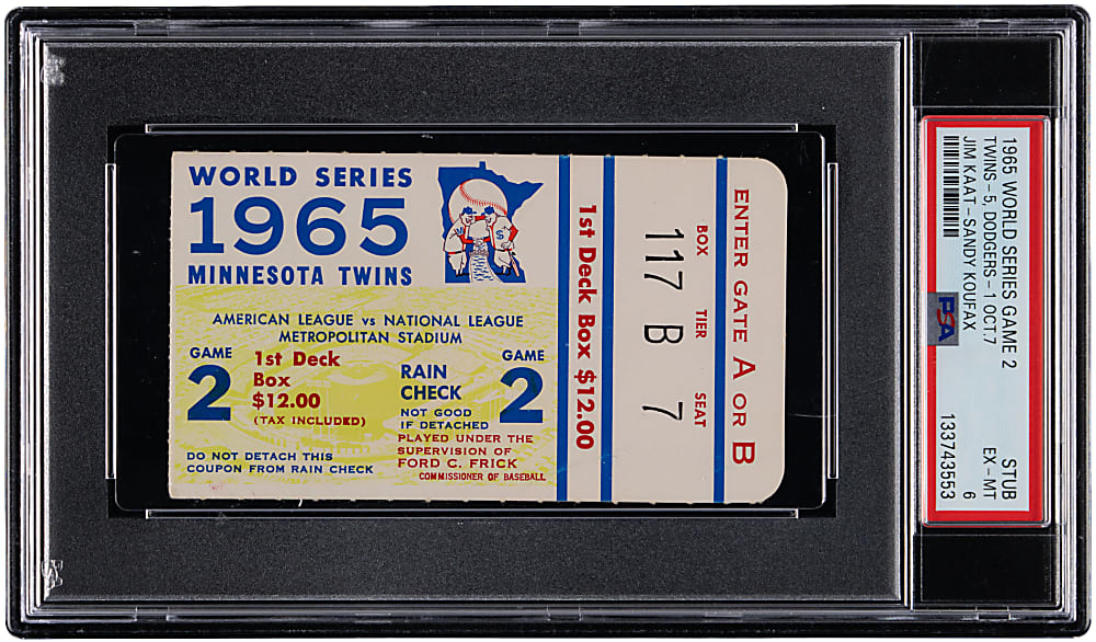 1965 World Series Game 2 Ticket Stub - Los Angeles Dodgers Sandy Koufax vs. Minnesota Twins Jim Kaat - PSA EX-MT 6