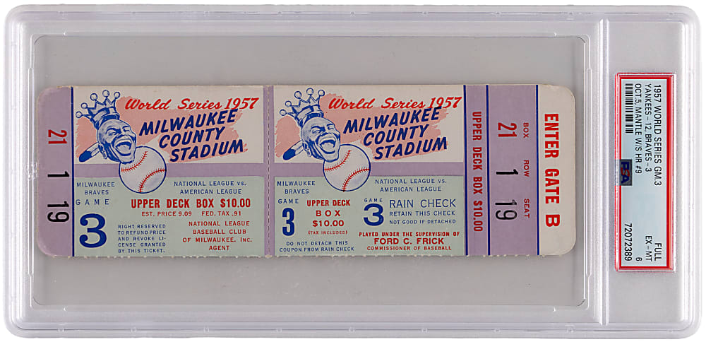 1957 World Series Game 3 Full Ticket - Milwaukee Braves vs. New York Yankees - Mickey Mantle World Series Home Run #9 - PSA EX-MT 6
