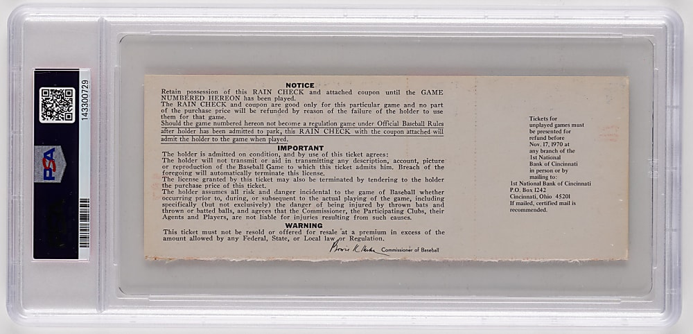 1970 World Series Game 1 Full Ticket - Baltimore Orioles vs. Cincinnati Reds - Pete Rose First World Series Game - PSA NM 7