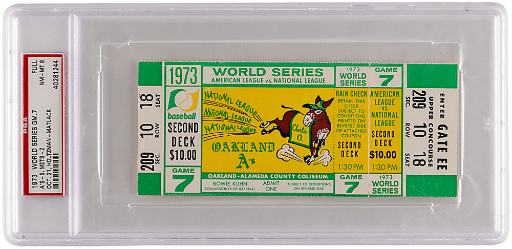 1973 World Series Game 7 Clincher Full Ticket - Oakland Athletics vs. New York Mets - Reggie Jackson 1st World Series Home Run & MVP! - PSA NM-MT 8