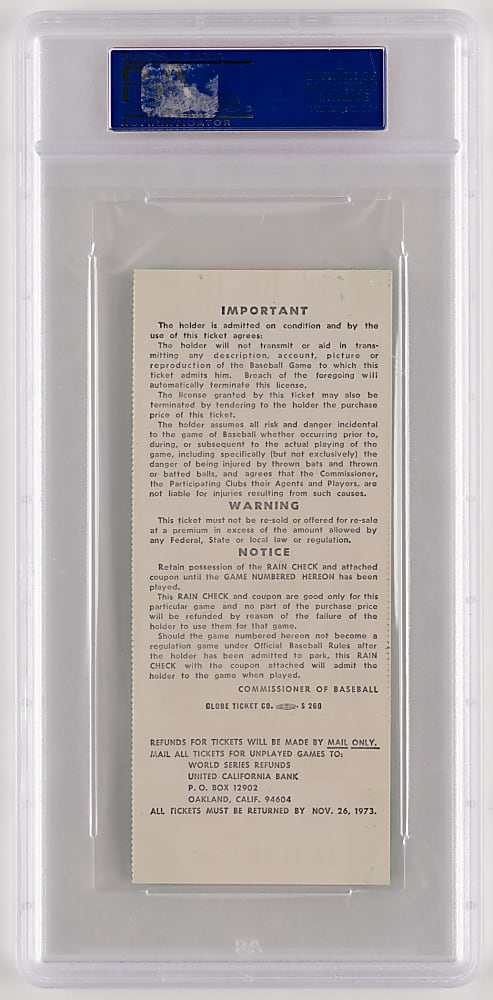 1973 World Series Game 7 Clincher Full Ticket - Oakland Athletics vs. New York Mets - Reggie Jackson 1st World Series Home Run & MVP! - PSA NM-MT 8