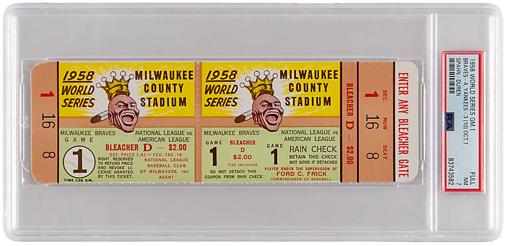1958 World Series Game 1 Full Ticket -  New York Yankees vs. Milwaukee Braves - PSA NM 7