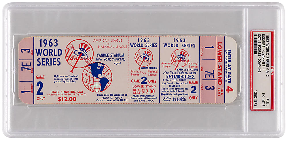 1963 New York Yankees vs. Los Angeles Dodgers World Series Game 2 Full Ticket PSA EX-MT 6