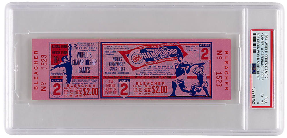 1964 World Series Game 2 Full Ticket - St. Louis Cardinals vs. New York Yankees - Bob Gibson Postseason Debut - PSA EX-MT 6