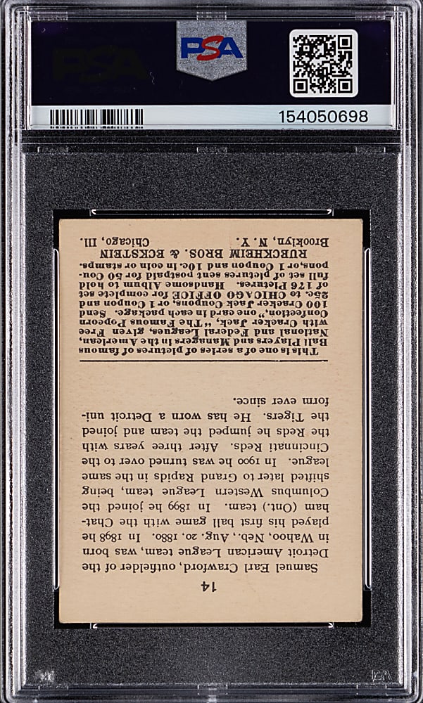 1915 Cracker Jack #14 Sam Crawford PSA VG 3