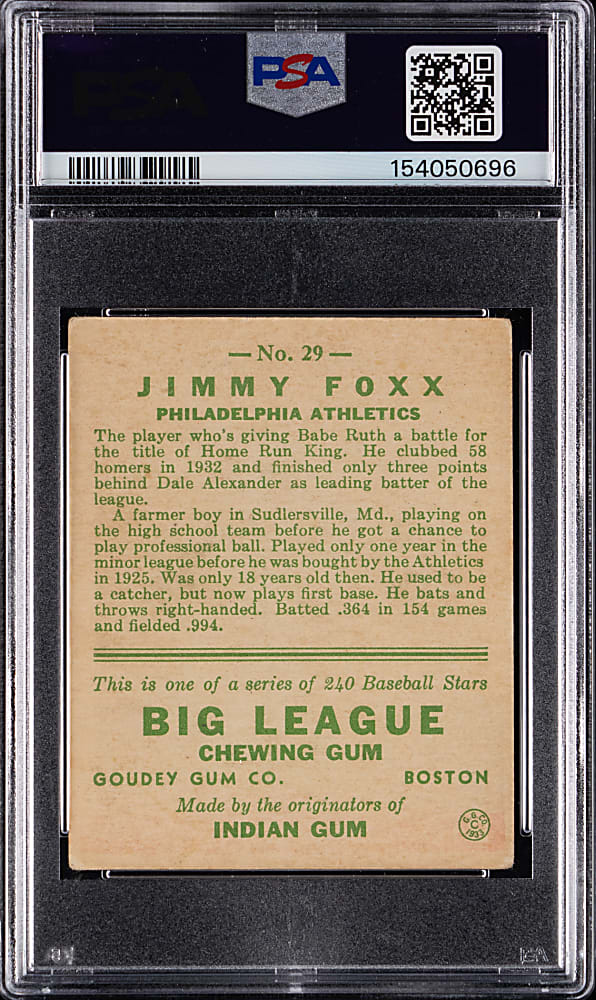 1933 Goudey #29 Jimmie Foxx PSA GOOD+ 2.5