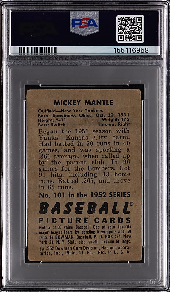 1952 Bowman #101 Mickey Mantle PSA FAIR 1.5