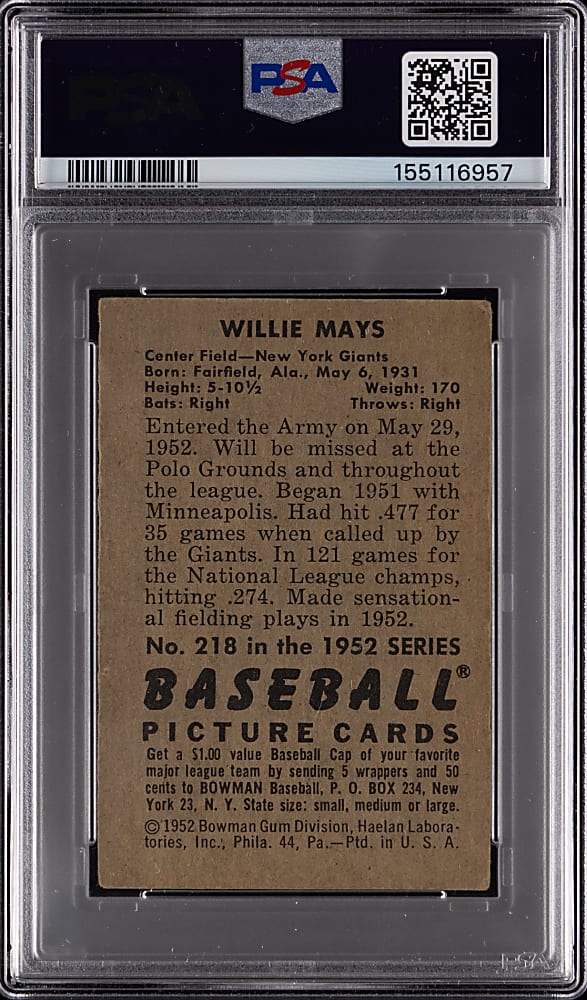 1952 Bowman #218 Willie Mays PSA GOOD+ 2.5