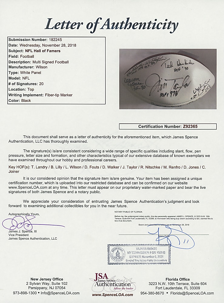 NFL Hall of Famer Football Signed by (20) with Landry, Nitschke & Upshaw - Full JSA LOA