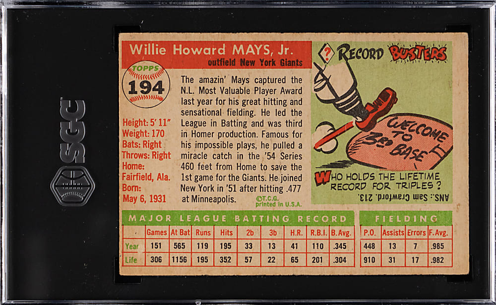 1955 Topps #194 Willie Mays SGC VG/EX 4
