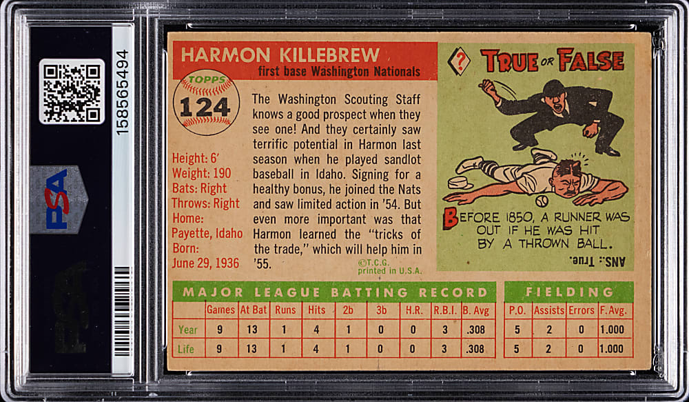 1955 Topps #124 Harmon Killebrew Rookie PSA VG 3
