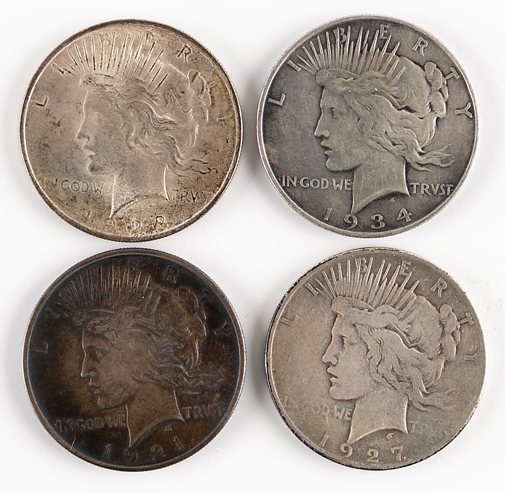 1921-1934 Peace Silver Dollars (4) with 1921