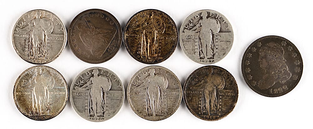 1822-1929 U.S. Silver Quarters (9) with 1822 Capped Bust & 1875 Seated Liberty