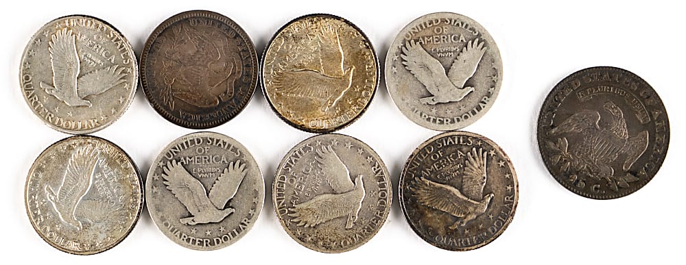 1822-1929 U.S. Silver Quarters (9) with 1822 Capped Bust & 1875 Seated Liberty