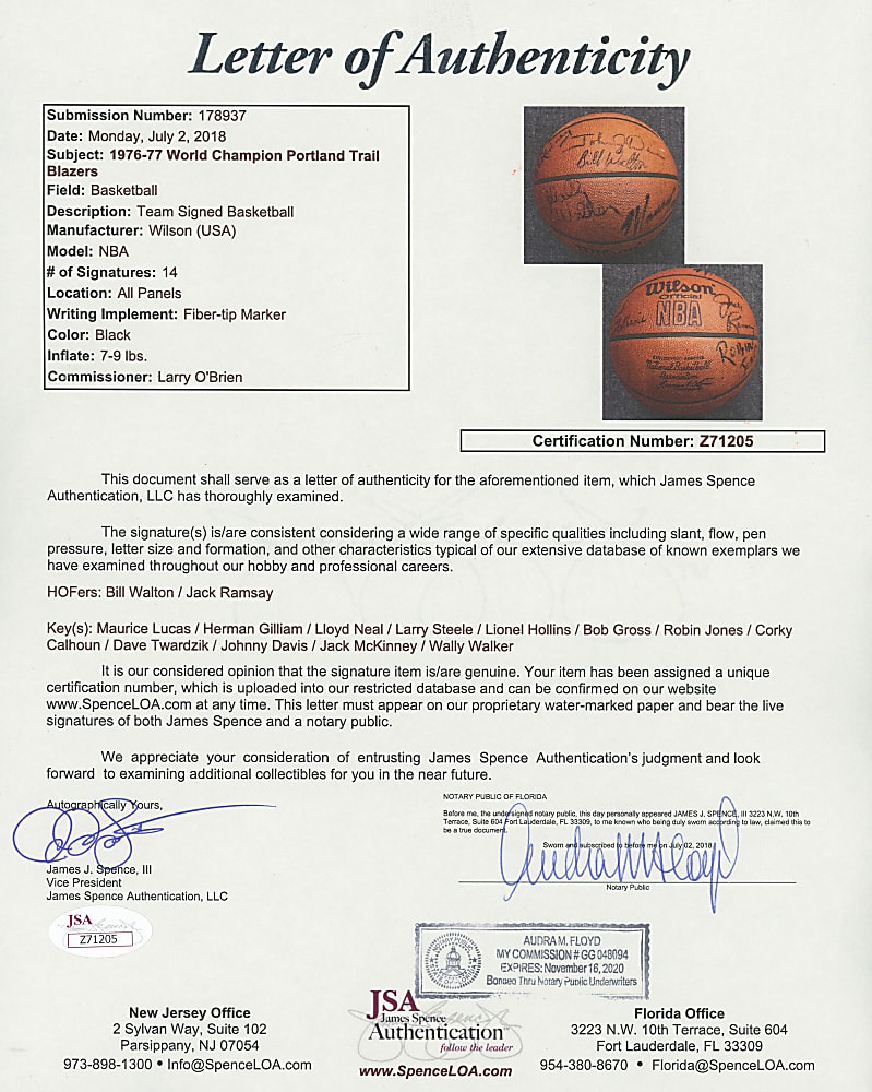 1976-1977 World Champions Portland Trail Blazers Team-Signed Basketball with (14) Signatures Including Jack Ramsey, Maurice Lucas & Bill Walton - Full JSA LOA