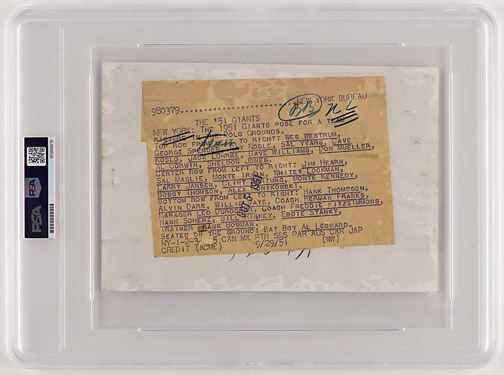 1951 New York Giants Team National League Champions Type I Original News Service Photo with Rookie Willie Mays - PSA Authentic
