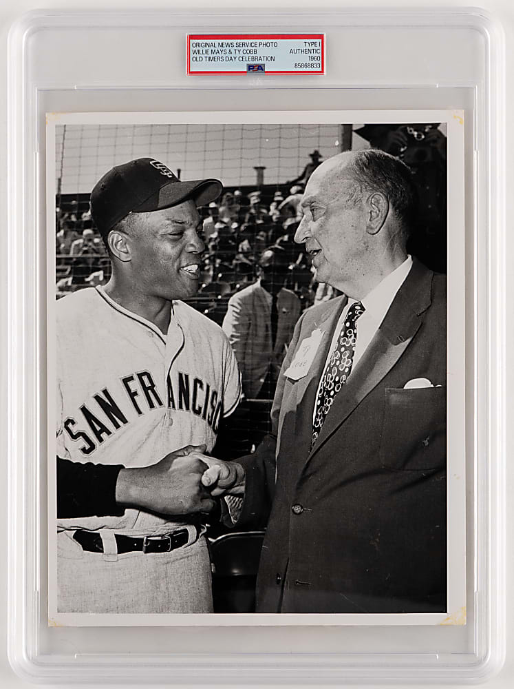 1960 Willie Mays & Ty Cobb Scottsdale Old-Timers Day Celebration Type I Original News Service Photo  - PSA Authentic
